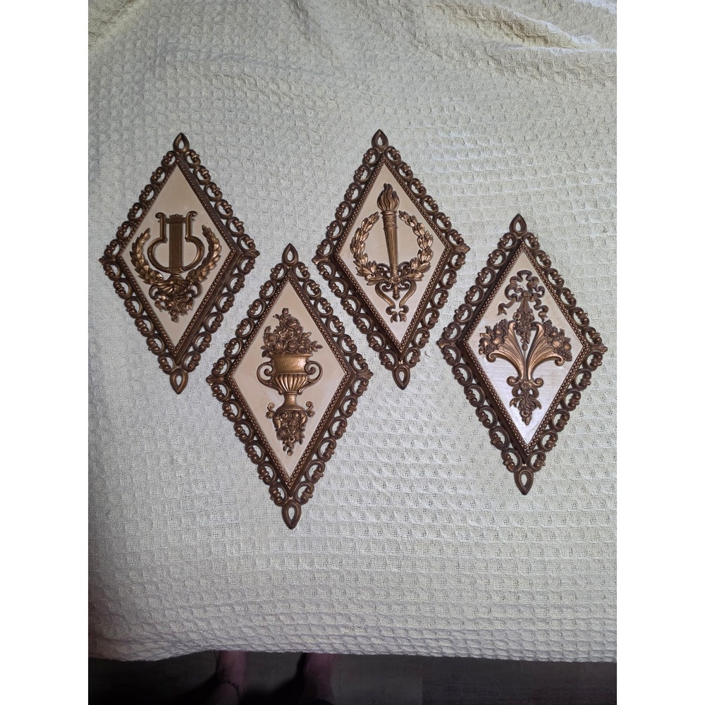 Vintage 1971 Homco Gold Diamond Wall Plaques Set of 4 Lyre Torch Urn 7226